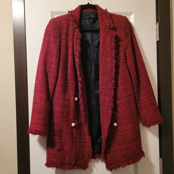 Zara Blogger Favorite Burgundy Red Frayed Tweed Boucle Jacket Size S - Picture 7 of 15